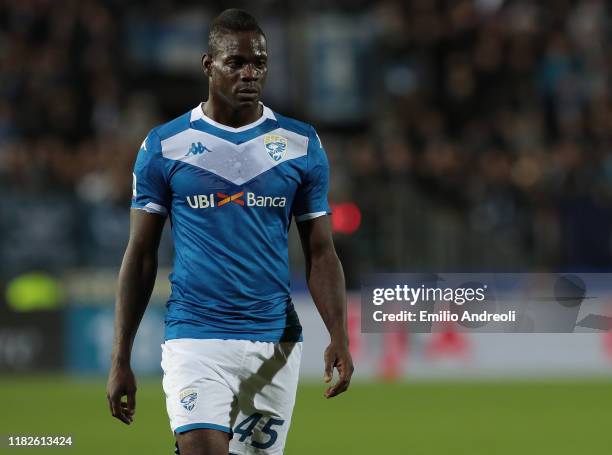 Mario Balotelli of Brescia Calcio looks on during the Serie A match between Brescia Calcio and ACF Fiorentina at Stadio Mario Rigamonti on October...