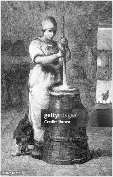 antique illustration: making butter - butter stock illustrations