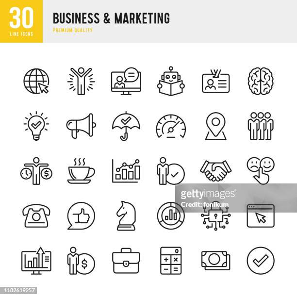 business & marketing - thin line vector icon set. pixel perfect. set contains such icons as teamwork, feedback, strategy, performance, charts, handshake, briefcase. - money manager stock illustrations