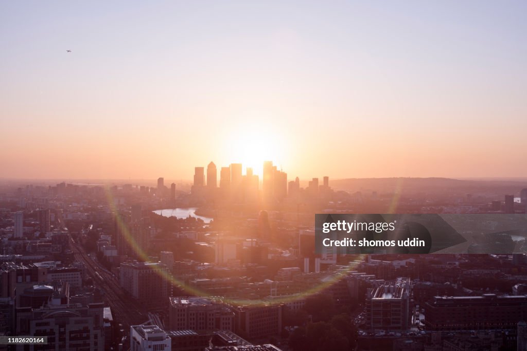 Aerial cityscape over London city skyline at sunrise