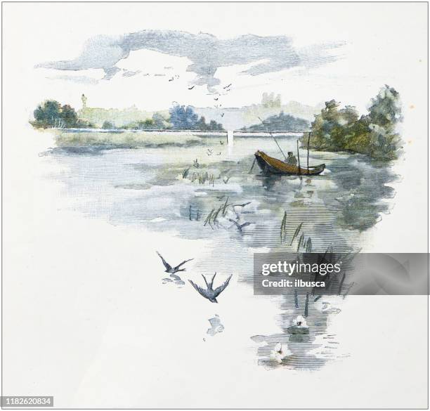 antique illustration: fishermen - catch of fish stock illustrations