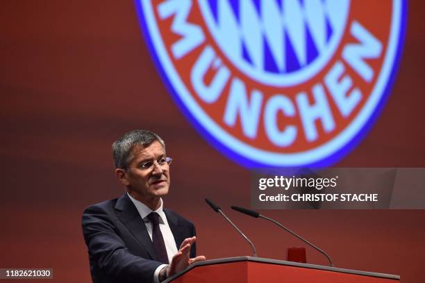 Newly elected Bayern Munich President Herbert Hainer addresses the annual general meeting of the German first division Bundesliga football club FC...