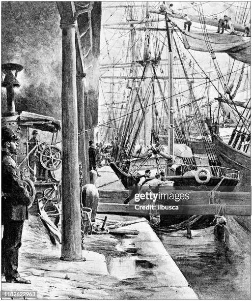 antique illustration: liverpool docks - industrial sailing craft stock illustrations