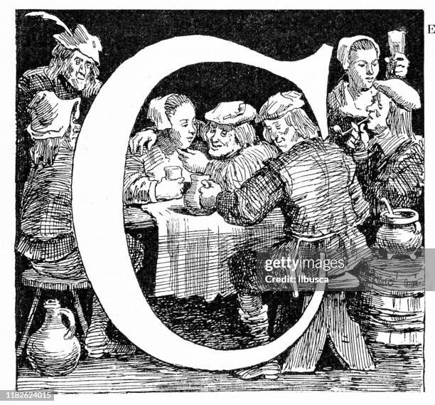 antique illustration: letter c - women meeting lunch stock illustrations