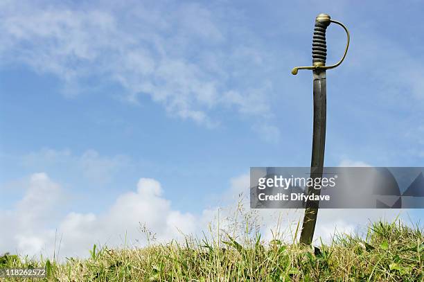 antique sabre stuck in grassy ground against sky - saber bildbanksfoton och bilder