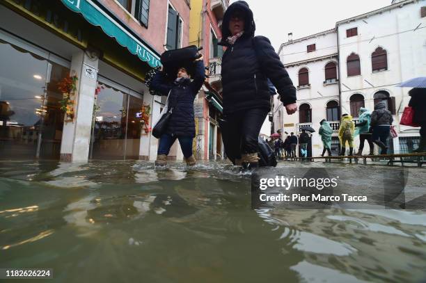 General view of the streets of the historic center of Venice during the high tide on November 15, 2019 in Venice, Italy. More than 80 percent of the...