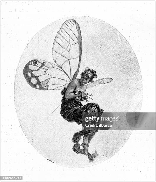 stockillustraties, clipart, cartoons en iconen met antieke illustratie: vlinder vrouw - fee