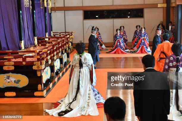 Empress Masako leaves the state room at the end of the enthronement ceremony where Emperor Naruhito officially proclaimed his ascension to the...