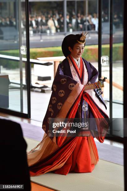 Japan's Crown Princess Kiko leaves at the end of the enthronement ceremony where Emperor Naruhito officially proclaimed his ascension to the...