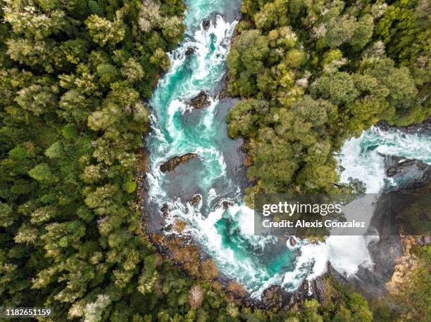 vue aérienne de la rivière huilo huilo dans le sud du chili - eau courante photos et images de collection