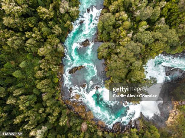 aerial view of huilo huilo river in southern chile - river stock pictures, royalty-free photos & images