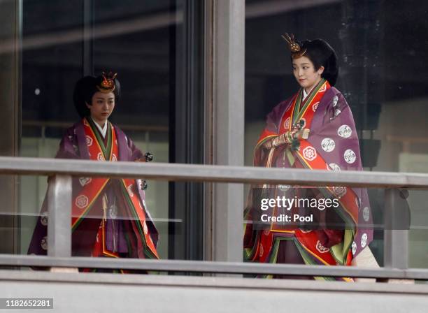 Japan's Princess Kako and Princess Mako arrive for a ceremony to proclaim Emperor Naruhito's enthronement to the world, called Sokuirei-Seiden-no-gi,...