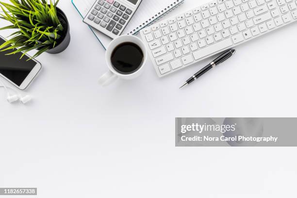 office desk on white background with copy space - phone still life stock pictures, royalty-free photos & images