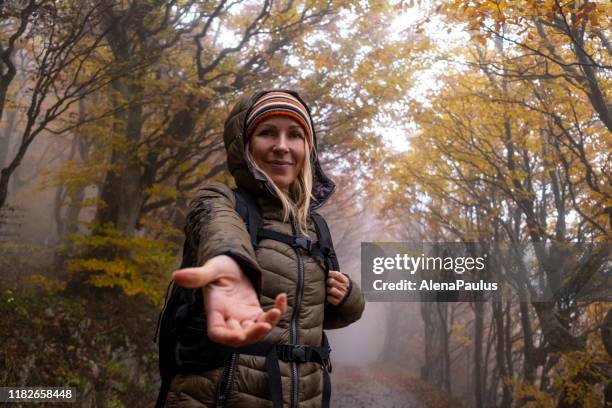 follow me, woman offering hand for walking through the beautiful autumn colored forest - grant forrest stock pictures, royalty-free photos & images