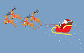 Cute cartoon Santa Claus flying on a sleigh with reindeers isolated on blue background - Vector illustration