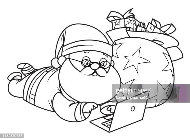 malbuch, weihnachtsmann mit laptop - ausmalen stock-grafiken, -clipart, -cartoons und -symbole