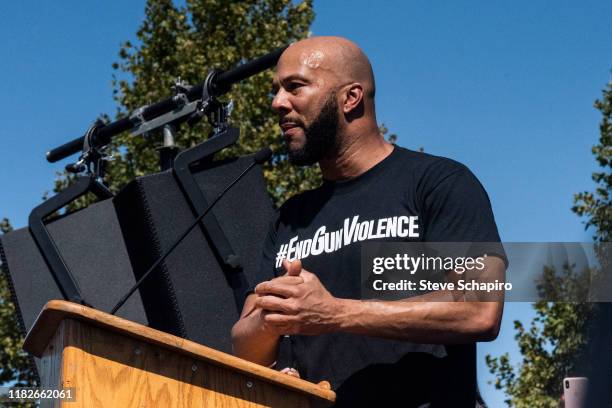 American rapper and activist Common speaks from a podium during an End Gun Violence rally, Washington, DC, September 25, 2019.