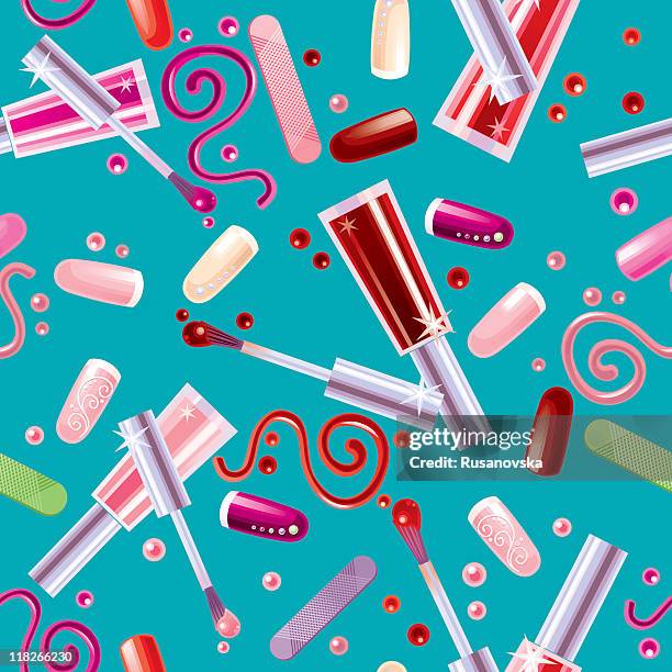 various cosmetics. pattern. blue background. - filing nails stock illustrations
