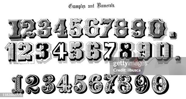 antique original typescript font alphabet: examples and numerals - victorian stock illustrations