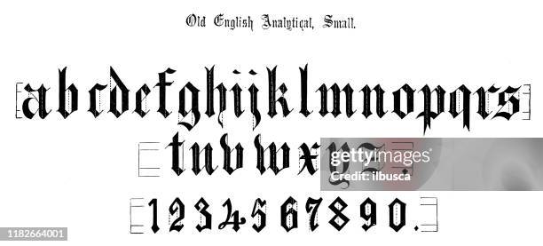 antique original typescript font alphabet: old english analytical small - letterpress blocks stock illustrations