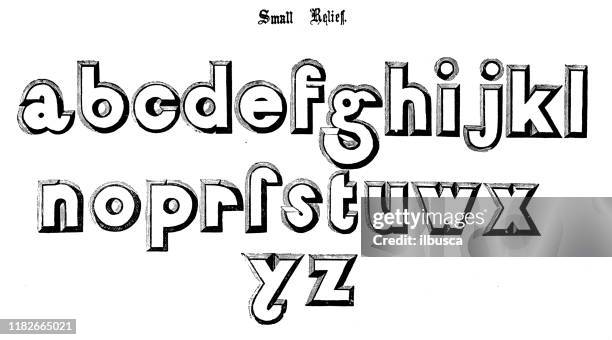 antique original typescript font alphabet: small relief - letterpress blocks stock illustrations
