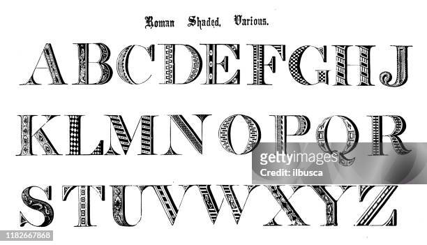 antique original typescript font alphabet: roman shaded, various - letterpress stock illustrations
