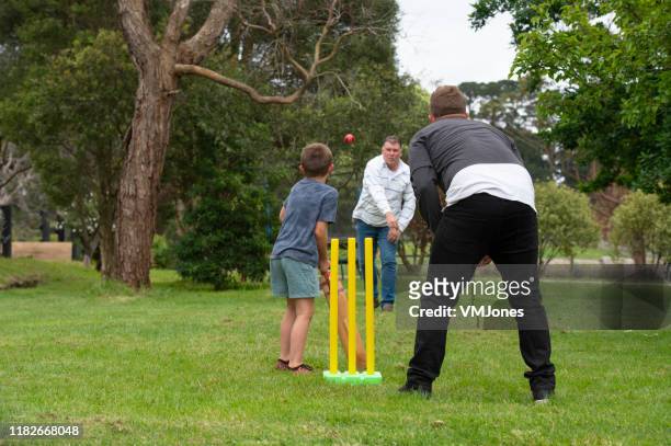 australische familie spelen sport in de achtertuin - backyard games stockfoto's en -beelden