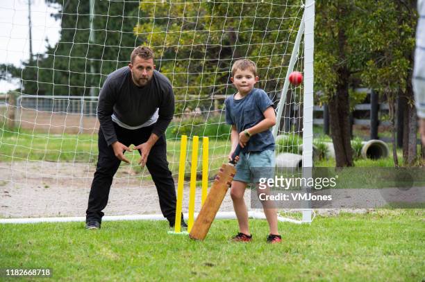australian family playing sport in the backyard - cricket bowler imagens e fotografias de stock