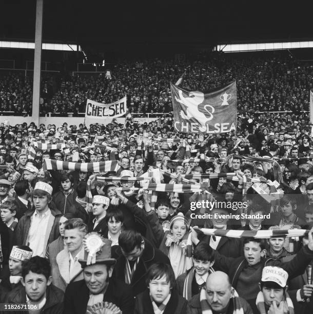 Chelsea supporters attend the FA Cup Final at Wembley Stadium, London, UK, 11th April 1970.