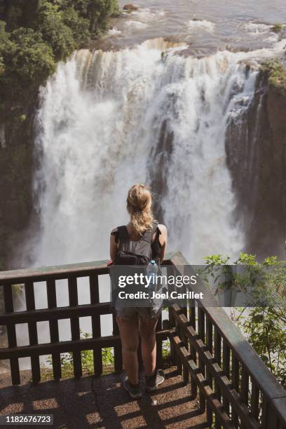 backpacker in zuid-amerika een bezoek aan iguazu falls, brazilië - iguacu falls stockfoto's en -beelden