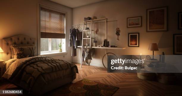 cozy single bedroom - teenager bedroom stock pictures, royalty-free photos & images