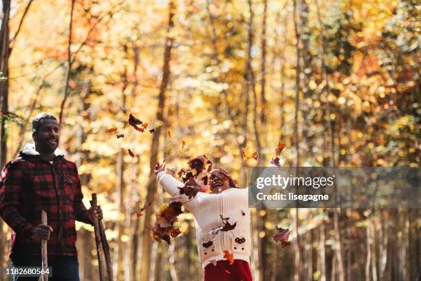 mixed raced family in a forest, throwing maple leaves - throwing leaves stock pictures, royalty-free photos & images