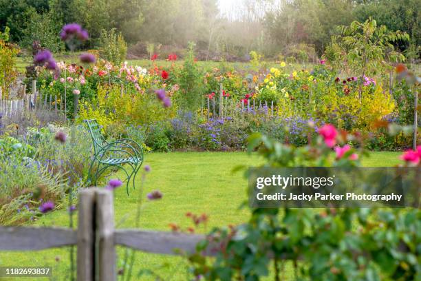 a beautiful summer english garden with wrought iron bench surrounded by a rustic wooden fence - garten stock-fotos und bilder