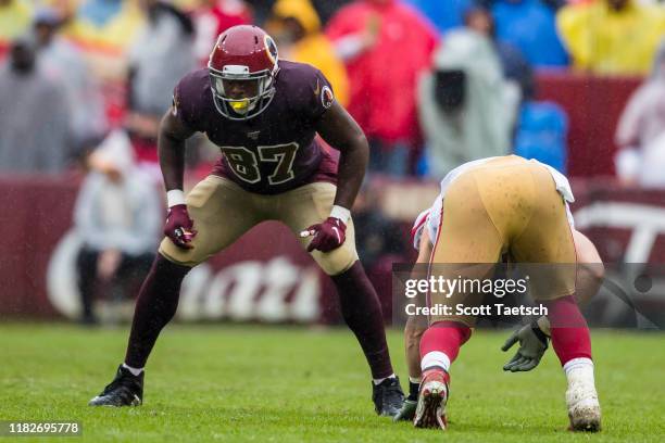 Jeremy Sprinkle of the Washington Redskins lines up against the San Francisco 49ers during the first half at FedExField on October 20, 2019 in...