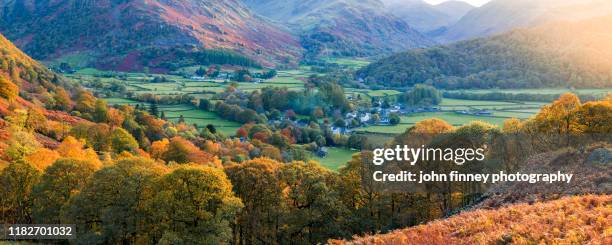 lake district - rosthwaite - borrowdale - sunset - autumn - rustic - village - england - copeland cumbria stock pictures, royalty-free photos & images