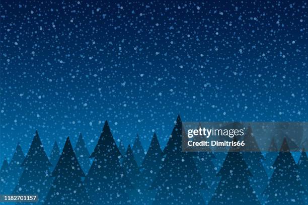 snowfall - tranquil christmas scene with falling snow and fir trees - atmospheric mood stock illustrations