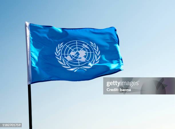 united nations flag waving in the wind - onu stock pictures, royalty-free photos & images