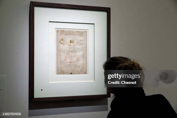 Visitor looks at the drawing entitled 'The Vitruvian Man' by the Italian Renaissance artist, Leonardo da Vinci, during a press visit of the...