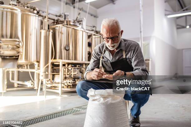 senior men in a craft brewery - craft brewery stock pictures, royalty-free photos & images