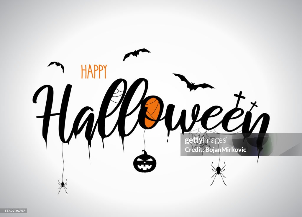 Halloween belettering met vliegende vleermuizen, pompoen, spin. Vector