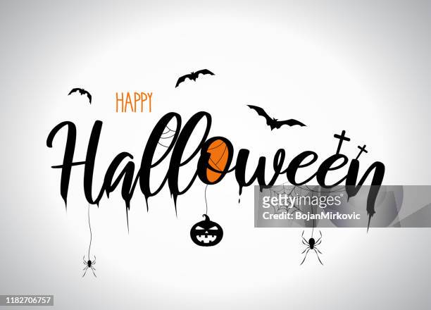 halloween lettering with flying bats, pumpkin, spider. vector - halloween stock illustrations