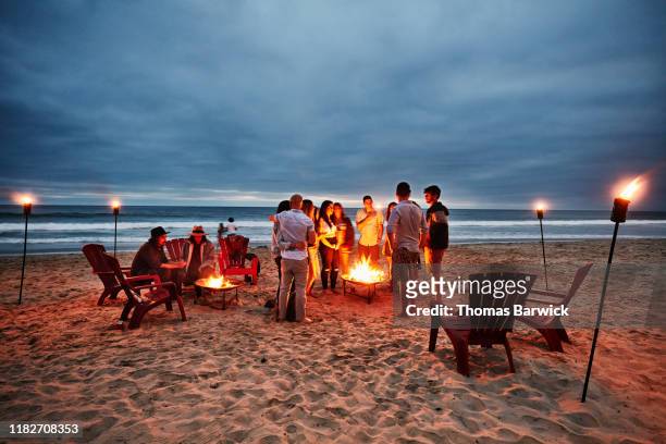friends gathered around fire on beach on summer evening - beach friends stockfoto's en -beelden