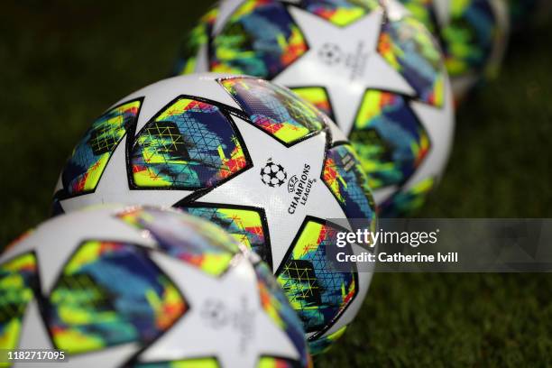 Detailed view of the Champions League logo is seen on a ball prior to the UEFA Champions League group A match between Club Brugge KV and Paris...