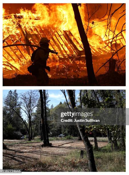 In this before-and-after composite image **TOP IMAGE** MAGALIA, CA A Cal Fire firefighter monitors a burning home as the Camp Fire moves through the...