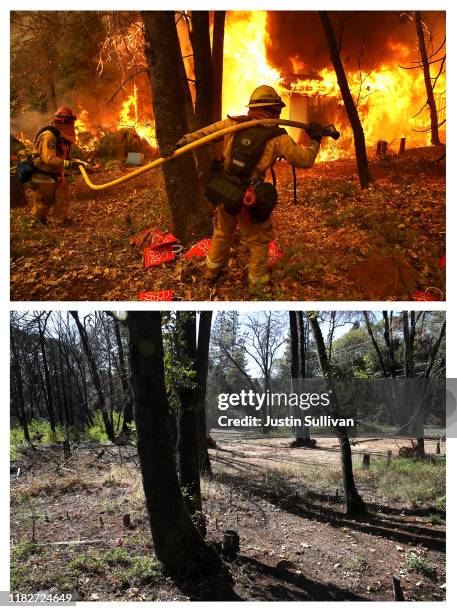In this before-and-after composite image **TOP IMAGE** MAGALIA, CA A Cal Fire firefighter monitors a burning home as the Camp Fire moves through the...