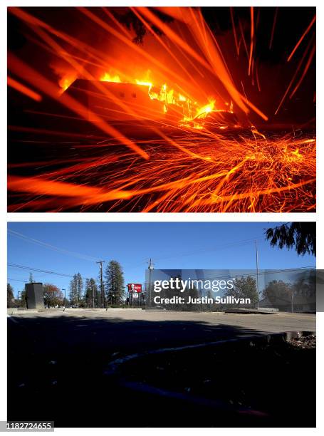 In this before-and-after composite image **TOP IMAGE** PARADISE, CA Embers blow in the wind as a Camp Fire burns a KFC restaurant on November 8, 2018...