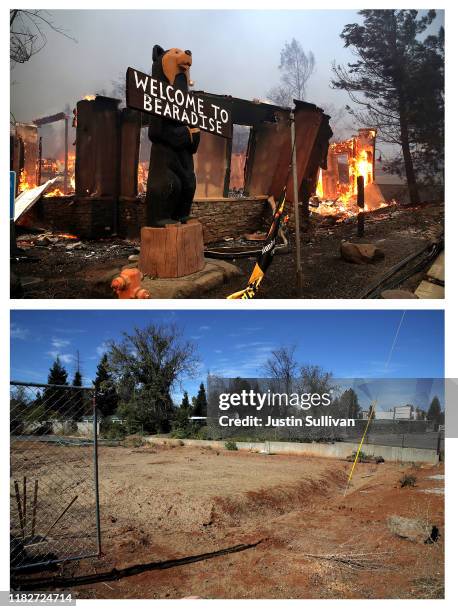 In this before-and-after composite image **TOP IMAGE** PARADISE, CA The Black Bear Diner burns as the Camp Fire moves through the area on November 8,...