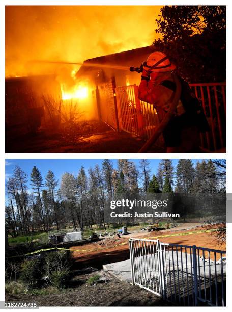 In this before-and-after composite image **TOP IMAGE** PARADISE, CA A firefighter tries to contain a fire so it doesn't spread to a neighboring...
