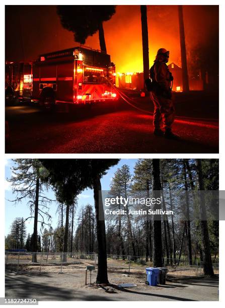 In this before-and-after composite image **TOP IMAGE** PARADISE, CA A home burns as firefighters battle the Camp Fire on November 8, 2018 in...
