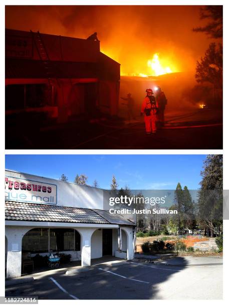 In this before-and-after composite image **TOP IMAGE** PARADISE, CA Firefighters try to save a building as the Camp Fire moves through the area on...